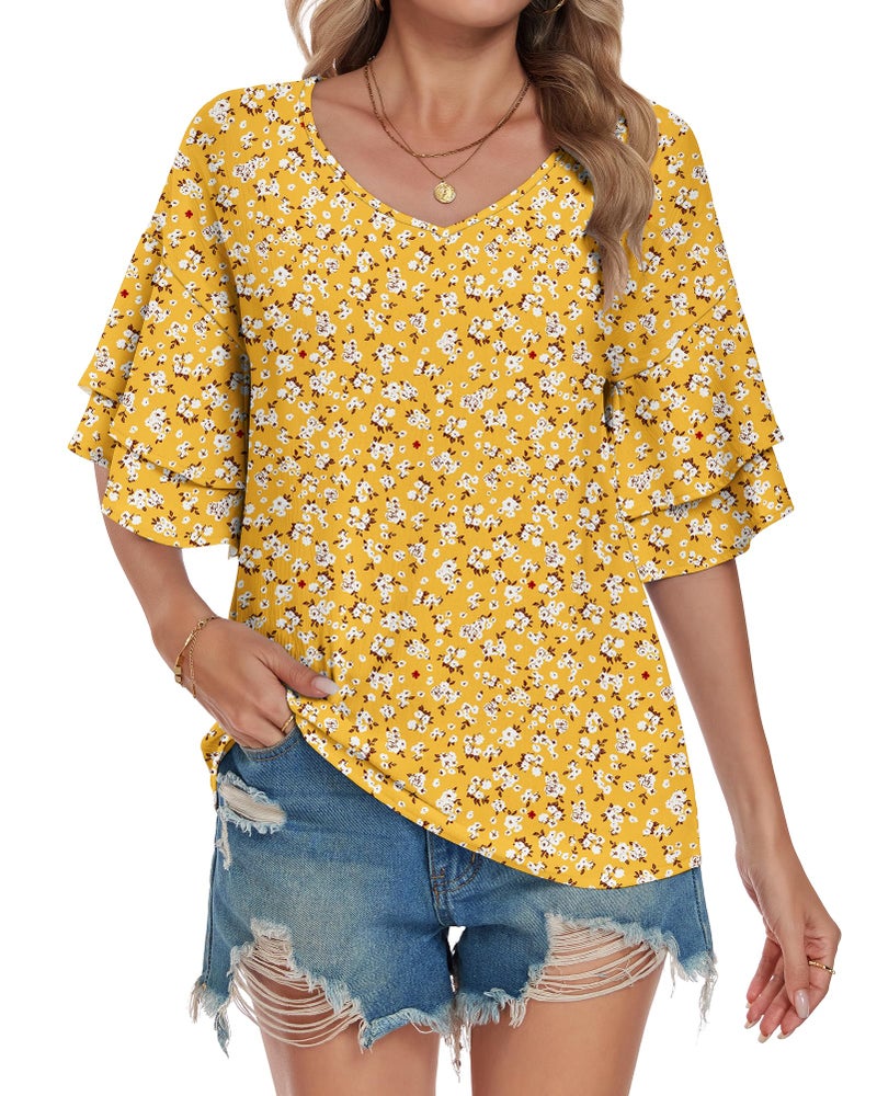 AUSELILY Ruffle Short Sleeve Shirts for Women 3/4 Sleeve V Neck Summer Blouses Women Dressy Casual Floral Ladies Tops Spring Summer 2026 Trendy Yellow Floral XX-Large - Image 3