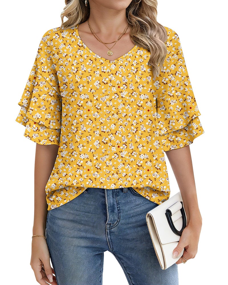 AUSELILY Ruffle Short Sleeve Shirts for Women 3/4 Sleeve V Neck Summer Blouses Women Dressy Casual Floral Ladies Tops Spring Summer 2026 Trendy Yellow Floral XX-Large - Image 1
