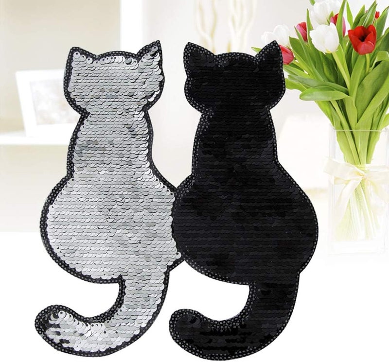 comfrt Sparkle Stickers Iron On Patches Embroidered Patches Sequin Cat Applique DIY Clothes Jackets Pants Jeans Bag Clothing Decor Christmas 2pcs (Black) Glitter Stickers - Image 5
