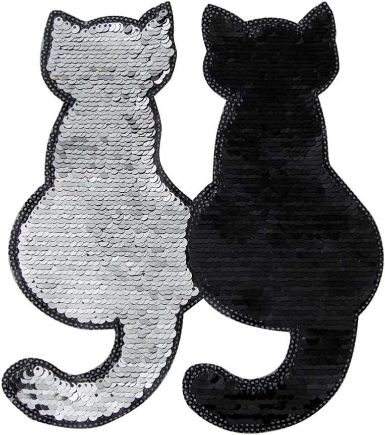 comfrt Sparkle Stickers Iron On Patches Embroidered Patches Sequin Cat Applique DIY Clothes Jackets Pants Jeans Bag Clothing Decor Christmas 2pcs (Black) Glitter Stickers - Image 1