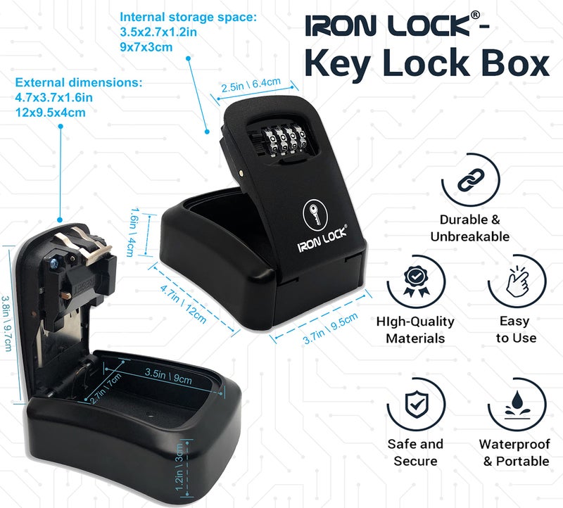 Iron Lock® Wall Mount Key Lock Box for Keys 4 Digit Combination with Resettable Code with A B Switch Indoor Outdoor Waterproof House Key lockbox for Spare House Keys 5 Capacity (Medium, Black) - Image 2
