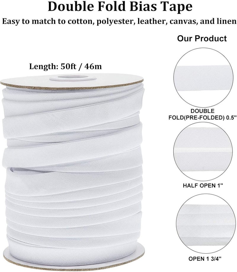 Jetec Double Fold Bias Tape Bias Binding Tape for Sewing, Seaming, Hemming, Piping, Quilting, 1/2 Inch x 50 Yards (White) - Image 2