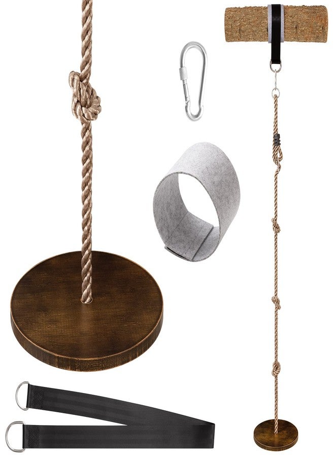 Yangbaga Wooden Round Disc Rope Swing 51”-73” Adjustable Climbing Rope Tree Swing with Hanging Strap Snap Hook and Felt Protectors for Kids Outdoor Brown - Image 1