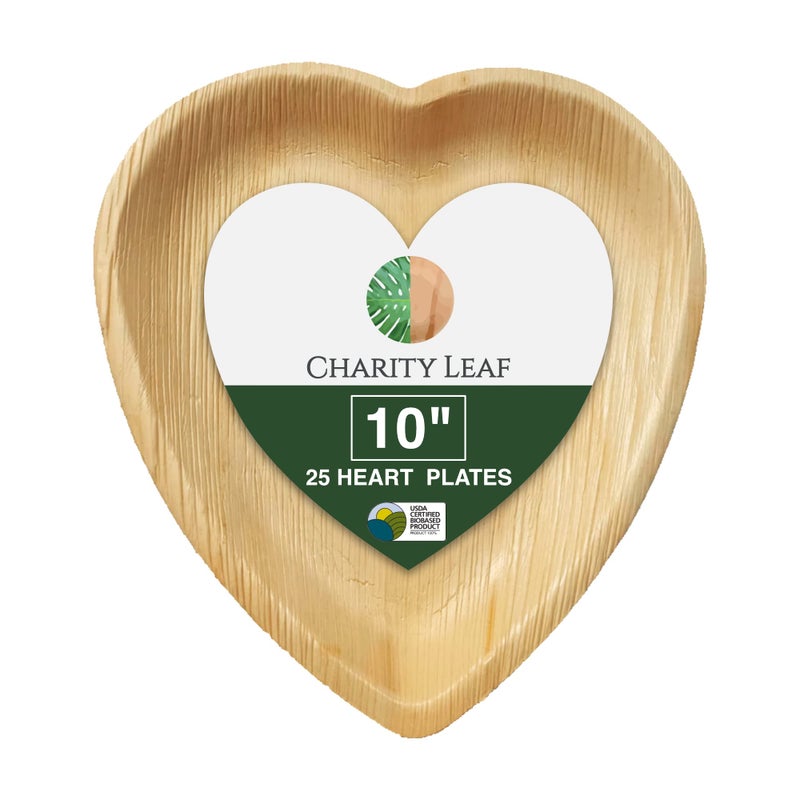 Charity Leaf Disposable Palm Leaf 10"" Heart Plates (25 pieces) Bamboo Like Serving Platters  Disposable Boards  Eco-Friendly Dinnerware For Weddings  Catering  Events - Image 1