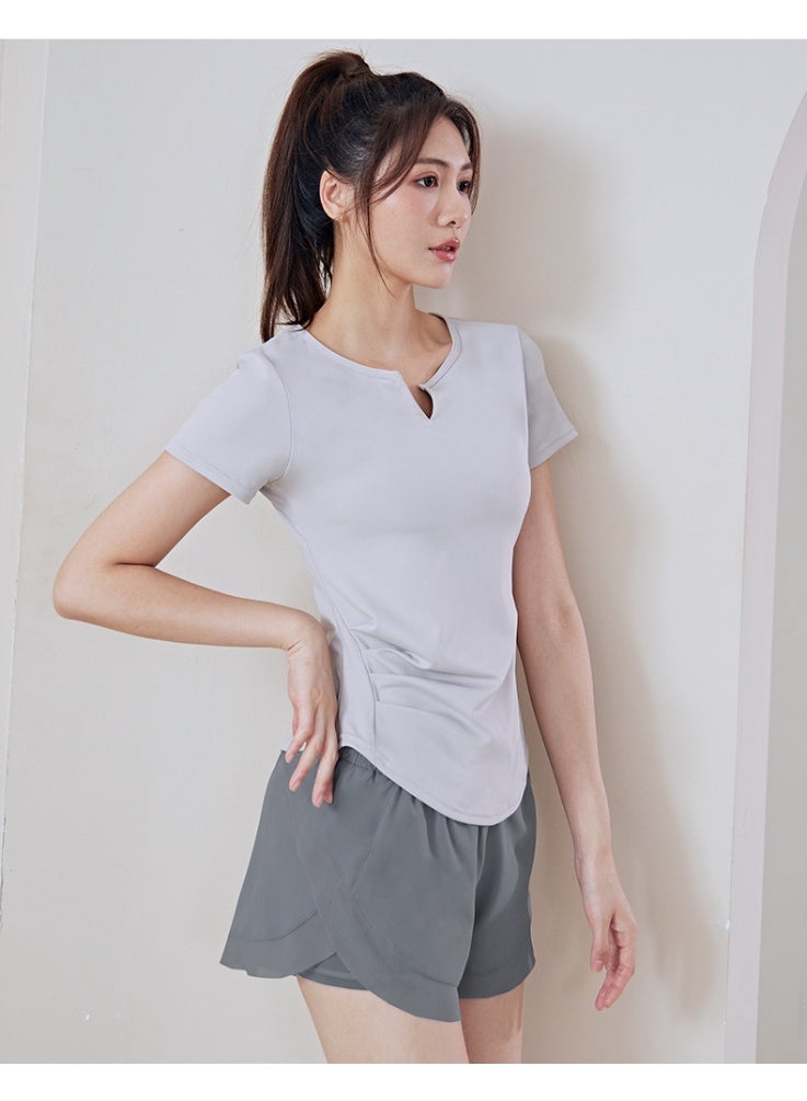 Summer V-neck Yoga Sports Short-sleeved Stretch Fitness Nude Short-sleeved Solid Color Thin Shaping Pleated Women's T-shirt - Image 2