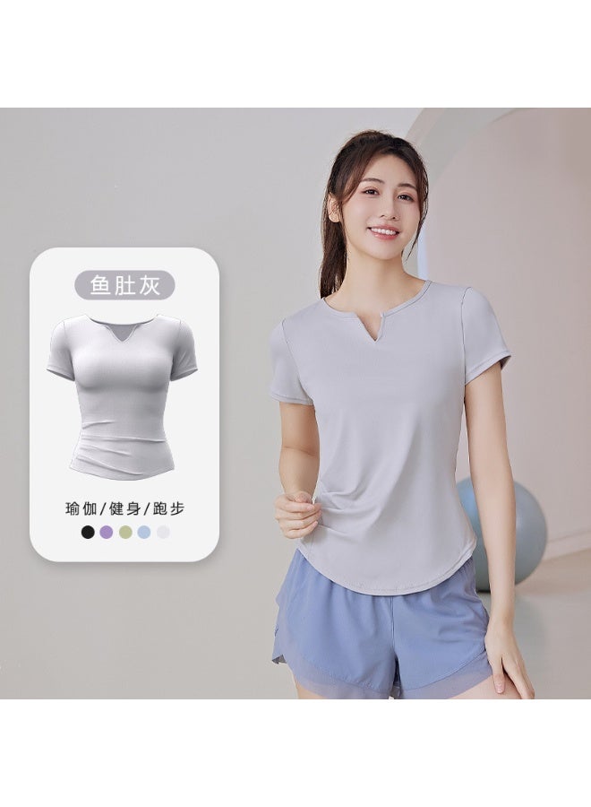 Summer V-neck Yoga Sports Short-sleeved Stretch Fitness Nude Short-sleeved Solid Color Thin Shaping Pleated Women's T-shirt - Image 1