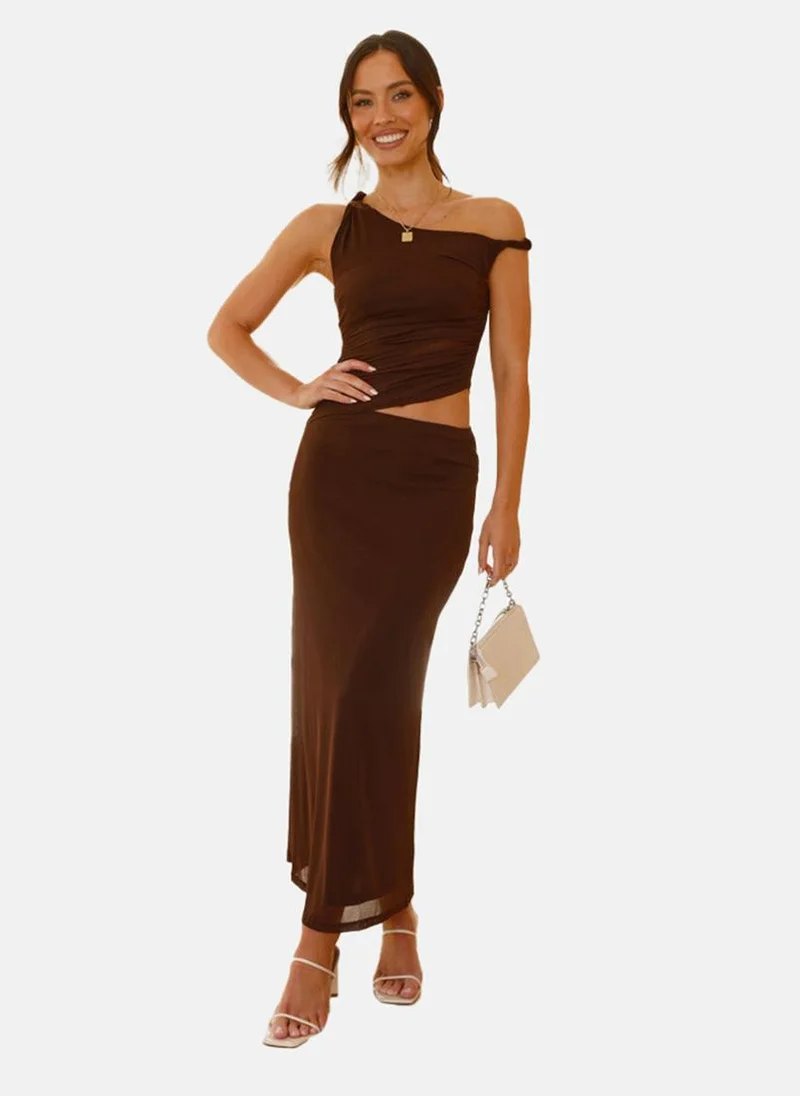 يونيكي Coffee Brown Bodycon Off-Shoulder Solid Dress