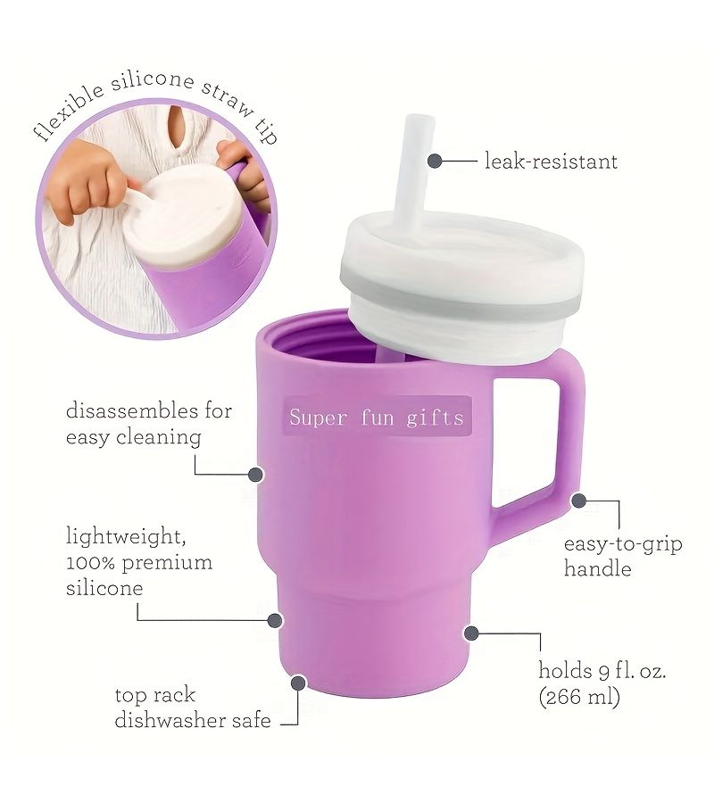 Rose Purple Double Straw Silicone Baby Training Cup with Lid And Small Handle Leak Proof Water Cup Specially Designed For Toddlers Portable Easy To Clean - Image 5