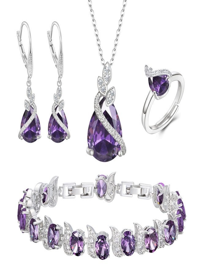 BriLove Sparkling Water Drop Cubic Zirconia Pendant Necklace Leverback Earrings Tennis Bracelet Adjustable Ring Gift for Wedding/Anniversary/Birthday/Christmas Purple Silver-Tone - Image 1