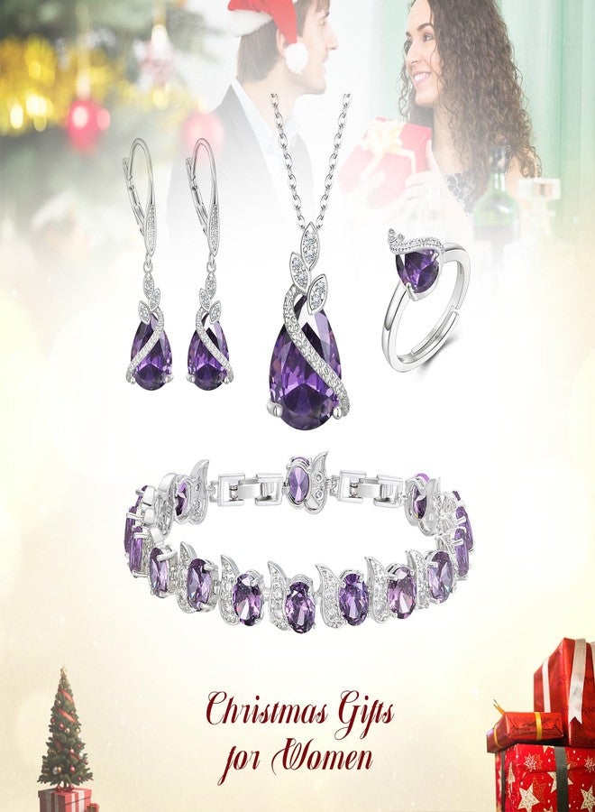 BriLove Sparkling Water Drop Cubic Zirconia Pendant Necklace Leverback Earrings Tennis Bracelet Adjustable Ring Gift for Wedding/Anniversary/Birthday/Christmas Purple Silver-Tone - Image 5