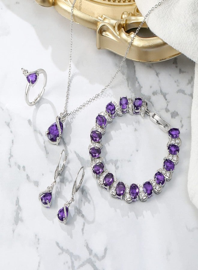 BriLove Sparkling Water Drop Cubic Zirconia Pendant Necklace Leverback Earrings Tennis Bracelet Adjustable Ring Gift for Wedding/Anniversary/Birthday/Christmas Purple Silver-Tone - Image 4