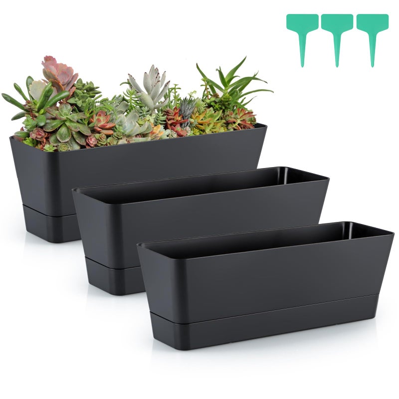 Skelang 3 Pcs Rectangular Plant Pot, 12" Flower Planter Box, Windowsill Container for Succulent, Herb, Vegetable (Black) - Image 1
