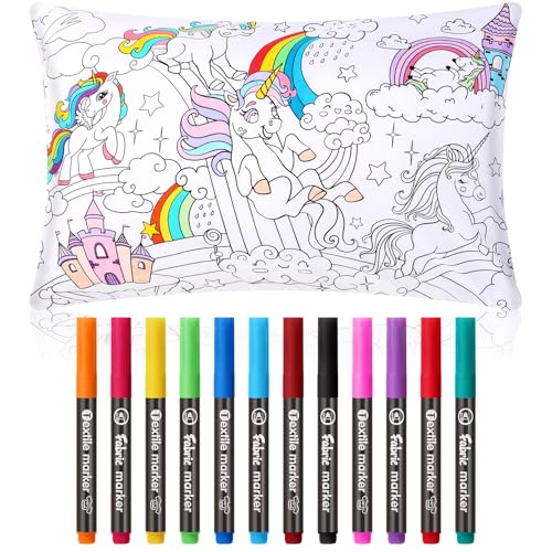 Mindsoft Coloring Craft Coloring Pillowcase Unicorn Pillowcase with 12 Pcs Markers Pens for Decoration Supplies Craft 287 x 197 Inch - Image 1