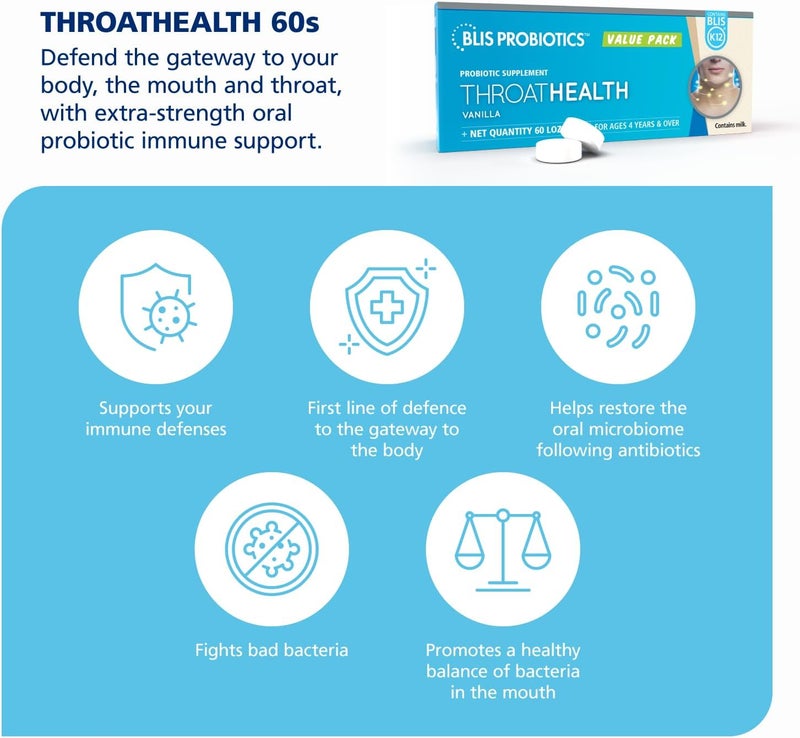 BLIS ThroatHealth Oral Probiotics Value Pack 25 Billion Cfu Throat Immunity Support and Oral Health for Adults and Kids SugarFree Lozenges Vanilla Flavored 60 Supply - Image 2