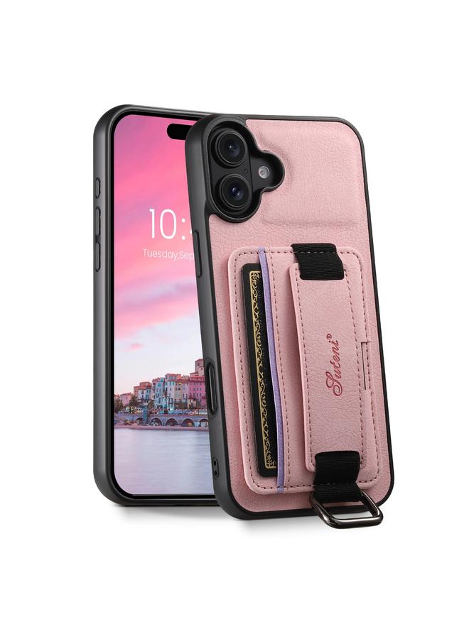 Suteni Case For iPhone 16 H13 Litchi Leather Wrist Strap Wallet Back Phone Case - Image 1