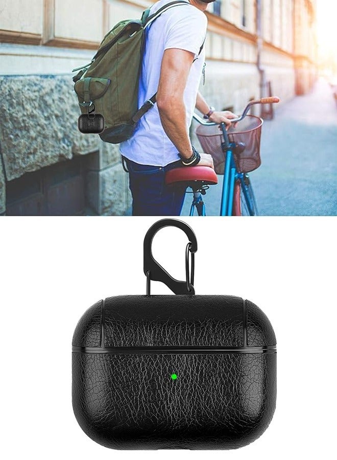 PU Leather Case Wireless Earphone Cover Cases Compatible with Airpods Pro Headphone Box Protective Case with Climbing Hook，Black - Image 1
