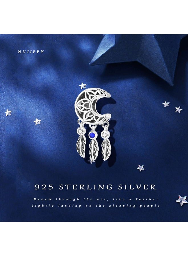 NUJIFFY 925 Sterling Silver Charms Beads for Bracelets & Necklaces, Moon Dream Catch Charm Boho Style Feather Shaped Retro Charm Birthday Gifts Jewelry for Women Men Teens - Image 3