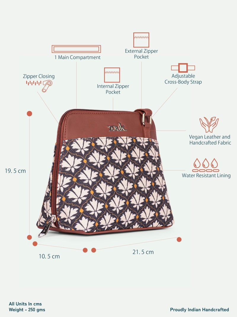 ZOUK Bidri Kaiser Motif Printed Vegan Leather Black and White Out Of Office Sling Bag With Adjustable Strap For Women's Girls - Image 4