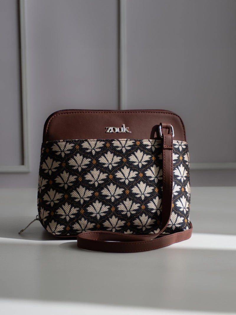 ZOUK Bidri Kaiser Motif Printed Vegan Leather Black and White Out Of Office Sling Bag With Adjustable Strap For Women's Girls - Image 3