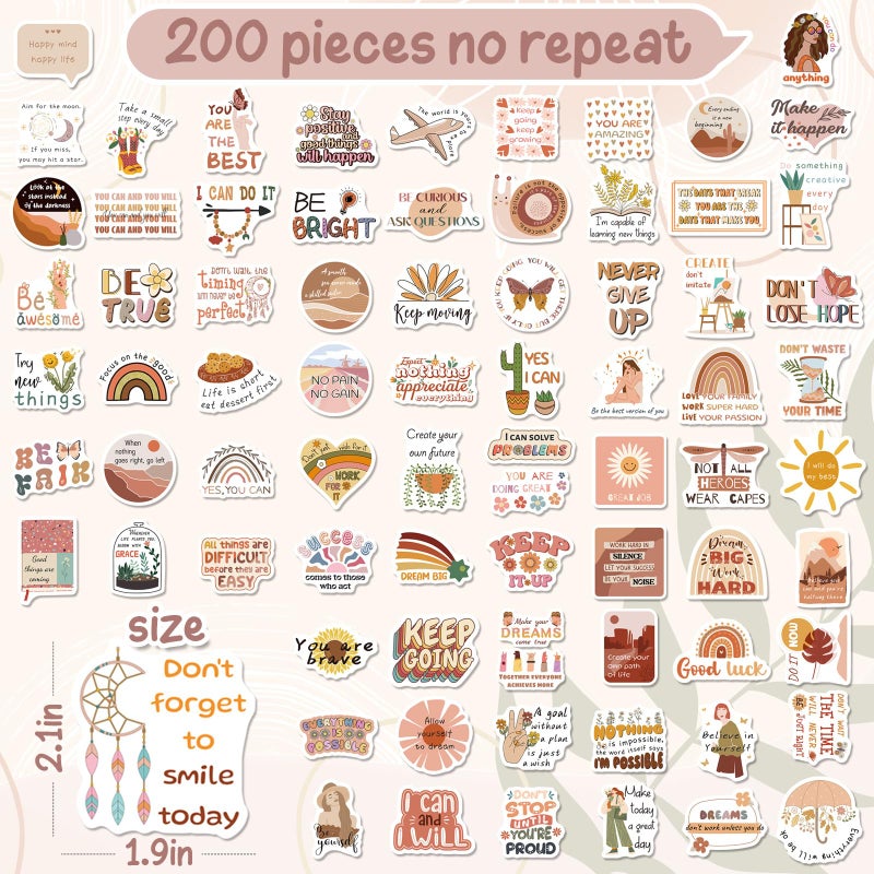 WAKEMOODEI 200 Vintage Inspirational Stickers, Boho Motivational Aesthetic Stickers for Water Bottles Laptops Journals Vinyl Positive Affirmation Boho Stickers for Adult Teen Kid - Image 2