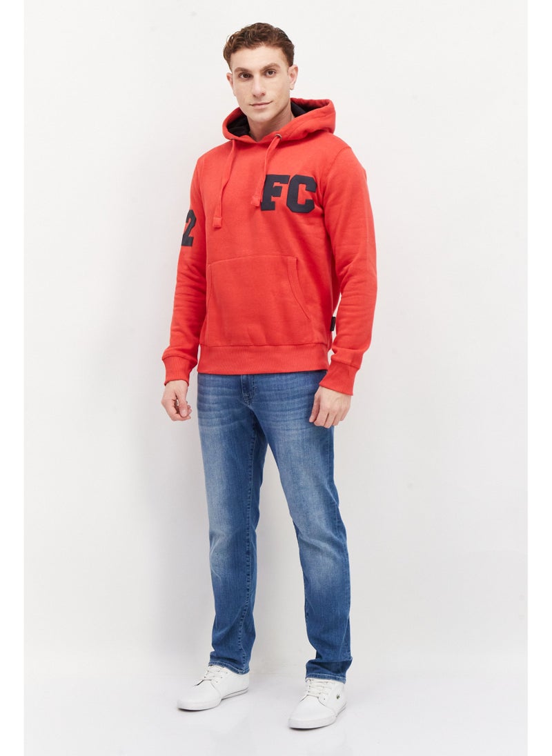 French Connection - Men Hood with Drawstring Front Pocket Fleece Sweatshirts, Red - Image 1