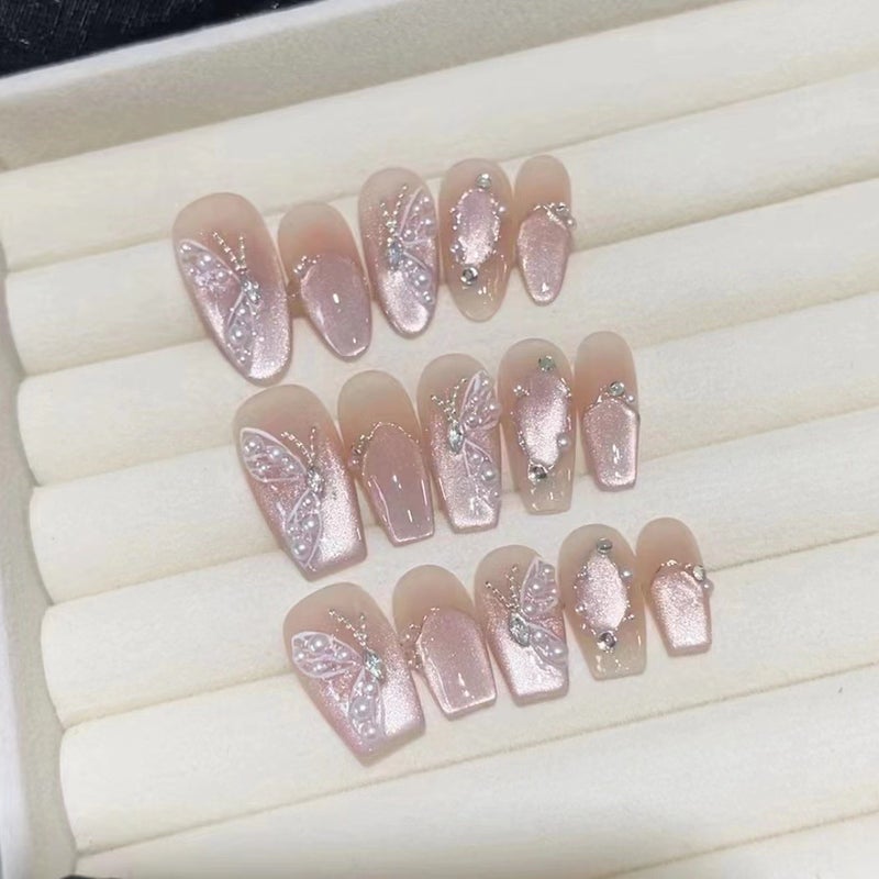 Generic Alice Fairy Butterfly Cat Eye Pearl Nude High-grade Light Luxury Light Therapy Armor Nail Wear Armor Wholesale Factory 2043 short ladder