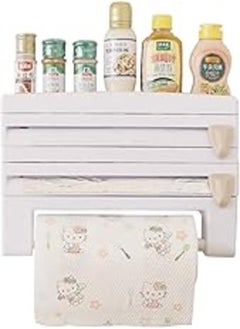 Wall Mounted 4-in-1 Wall-Mount Paper Towel Holder Kitchen Spice Rack Roll Holder Towel Paper Dispenser Organizer Shelf with Foil Film Cling Cut White
