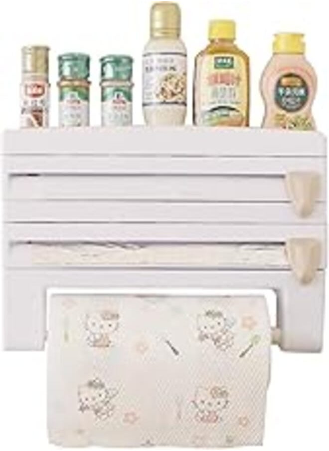 Generic - Wall Mounted 4-in-1 Wall-Mount Paper Towel Holder Kitchen Spice Rack Roll Holder Towel Paper Dispenser Organizer Shelf with Foil Film Cling Cut White - Image 1