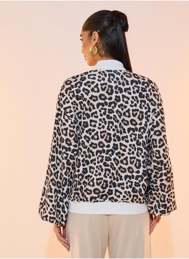 Styli - Leopard Print Contrast Trim Bomber Jacket - Image 1