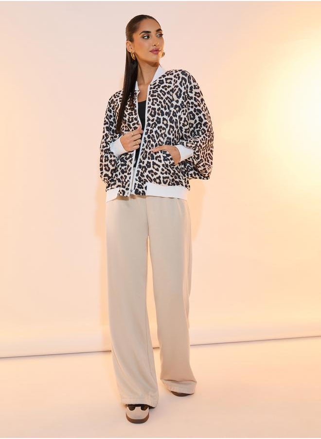 Styli - Leopard Print Contrast Trim Bomber Jacket - Image 1