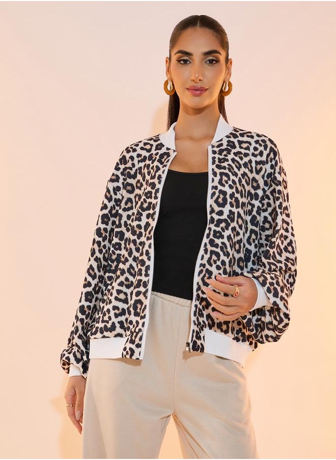 Styli - Leopard Print Contrast Trim Bomber Jacket - Image 1