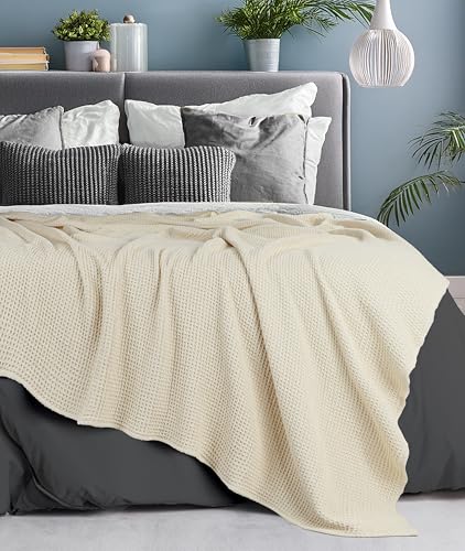 Tex Trend Ivory Waffle Blanket – 100% Cotton Blankets Queen Size – Breathable and Soft for Summer Spring – Suitable for Bed Layering, Sofa - Ivory (90”x90”) - Image 2