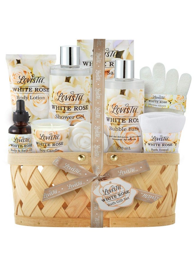 Lovestee Christmas Bath & Body Spa Gift Basket for Women, Best Gift for Mother's Day & Birthday, White Rose Set Body Lotion, Shower Gel, Bubble Bath, Bath Salt, Towel, Soap, Oil, Candle, Gloves,  - Image 1