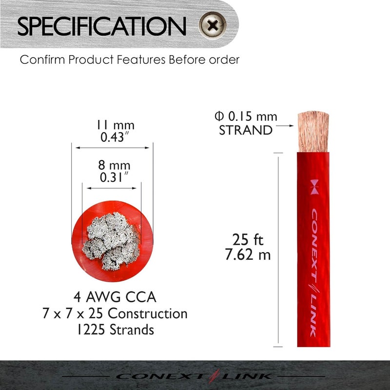 Conext Link 25 قدم سلك طاقة أرضي أحمر عيار 4 لمكبر الصوت، 25 قدم، 4 GA AWG، لفافة كابل مضخم - Image 3