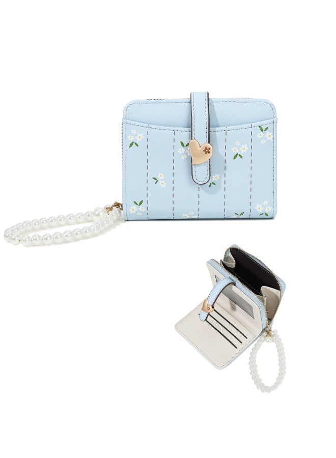 Women's Short Wallet with Pearl Wrist Strap - PU Leather Floral Card Holder with Zipper Coin Pocket and Snap Closure