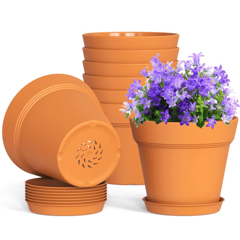 WSMKSZ 4 Inch Plastic Plant Pots with Drainage Holes and Trays 8 Pack Small Nursery Pots for Indoor Outdoor House Plants and Flowers Seedling Starter Planters Terracotta - Image 2