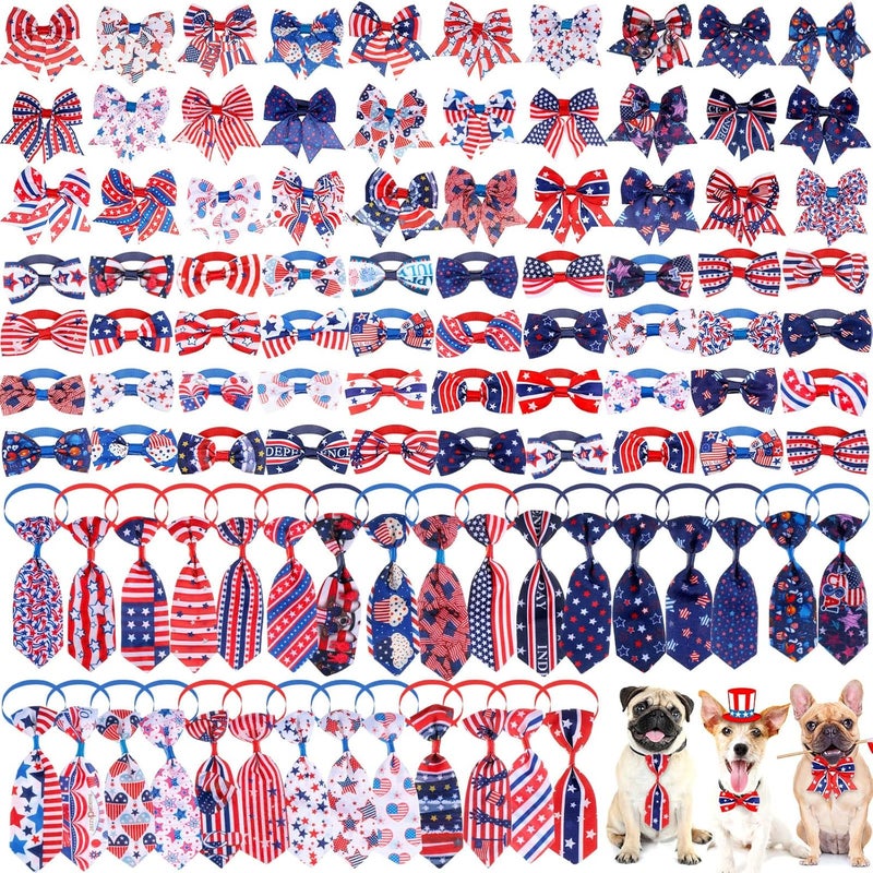 Reginary 100 Pieces Independence Day Dog Bow Tie Collar Set Include Dog Neckties and Dog Bow Tie Adjustable 4th of July Dog Bows Grooming for Small Medium Dogs Supply - Image 1