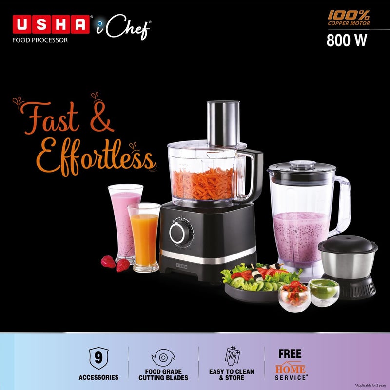 Usha Usha ICHEF Food Processor 800 Watts Copper Motor with 9 Accessories 8 Functions BLACK  - Image 2