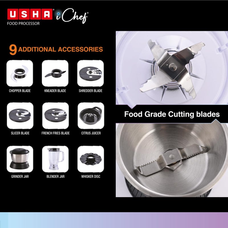 Usha Usha ICHEF Food Processor 800 Watts Copper Motor with 9 Accessories 8 Functions BLACK  - Image 5