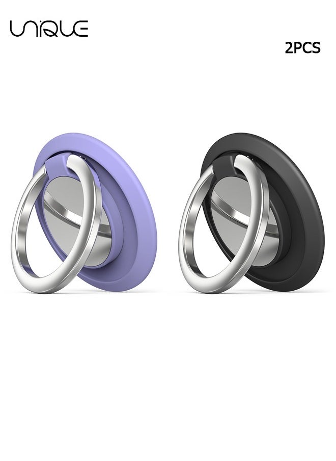 Unique 2 Pcs Magnetic Cell Phone Ring Holder, 360 Degree Rotation and 180 Degree Adjustable Finger Ring Kickstand with Polished Metal Phone Grip (Purple+Black)  - Image 1