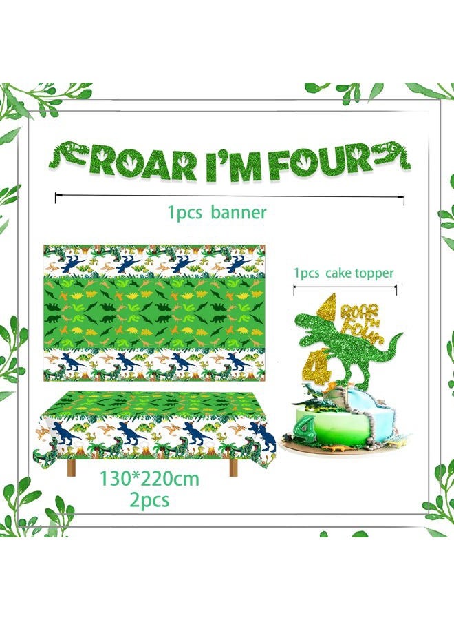 Dinosaur 4th Decorations Boy for Boy Roar Im Four Birthday Party Tableware Set include Straws Glitter Banner Plates Napkins Cups Tablecloth for 4 Year Old Dino Birthday Supplies, Serves 25 - Image 2
