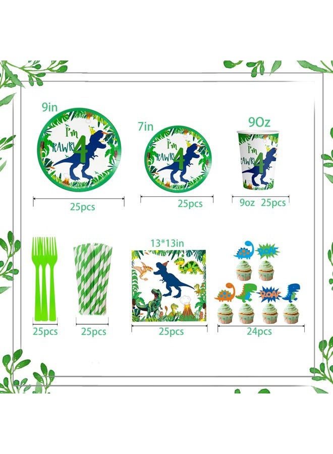 Dinosaur 4th Decorations Boy for Boy Roar Im Four Birthday Party Tableware Set include Straws Glitter Banner Plates Napkins Cups Tablecloth for 4 Year Old Dino Birthday Supplies, Serves 25 - Image 3