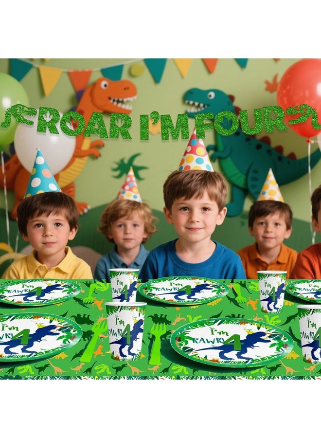 Dinosaur 4th Decorations Boy for Boy Roar Im Four Birthday Party Tableware Set include Straws Glitter Banner Plates Napkins Cups Tablecloth for 4 Year Old Dino Birthday Supplies, Serves 25 - Image 5