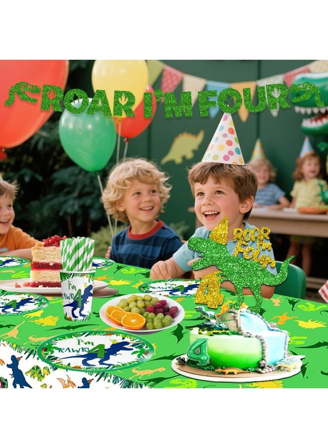 Dinosaur 4th Decorations Boy for Boy Roar Im Four Birthday Party Tableware Set include Straws Glitter Banner Plates Napkins Cups Tablecloth for 4 Year Old Dino Birthday Supplies, Serves 25 - Image 4