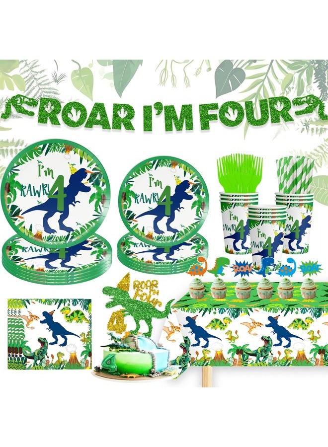 Dinosaur 4th Decorations Boy for Boy Roar Im Four Birthday Party Tableware Set include Straws Glitter Banner Plates Napkins Cups Tablecloth for 4 Year Old Dino Birthday Supplies, Serves 25 - Image 1