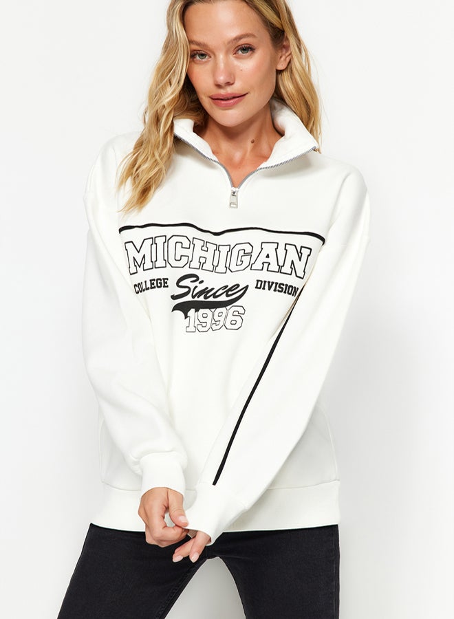 trendyol Ecru Zippered Printed Oversize/Wide Fit Thick Fleece Inside Knitted Sweatshirt - Image 2