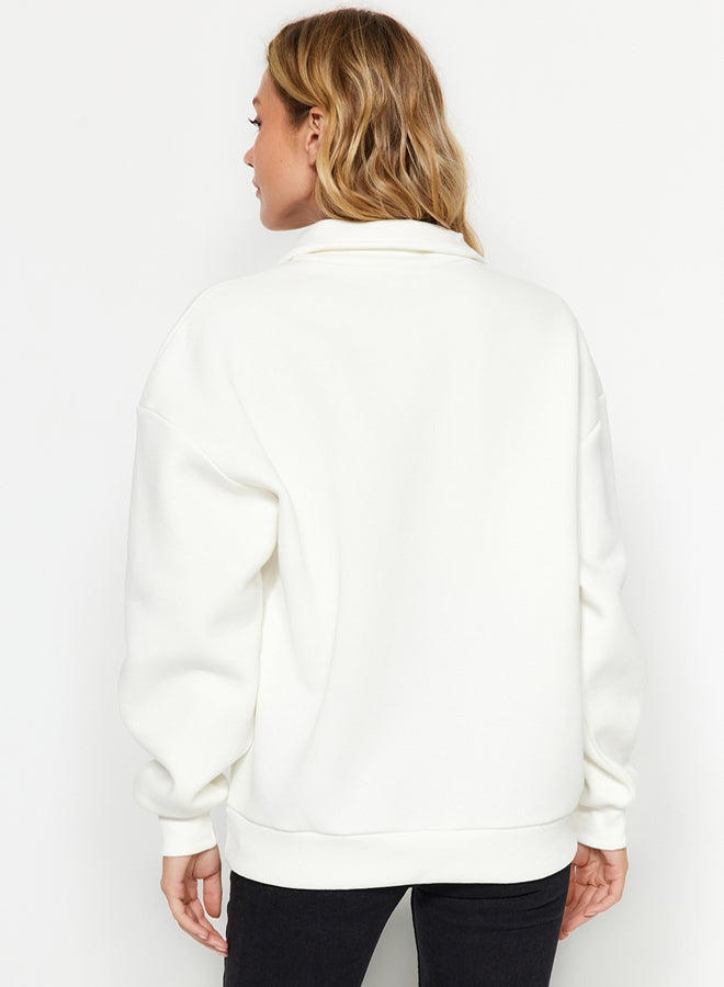 trendyol Ecru Zippered Printed Oversize/Wide Fit Thick Fleece Inside Knitted Sweatshirt - Image 5