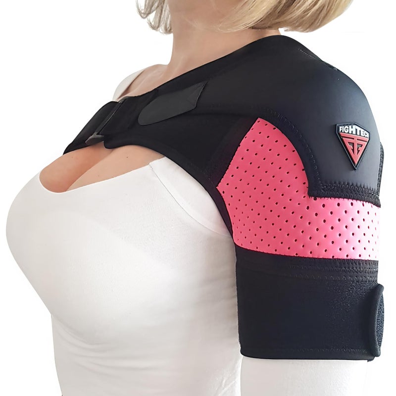FIGHTECH Shoulder Brace - Support & Injury Prevention Brace- Joint Pain Releaser- Shoulder Compression Wrap Strap - Adjustable Injury Accessories for Shoulders - Premium Quality Strap by FIGHTECH (Pink, L-XL) - Image 1