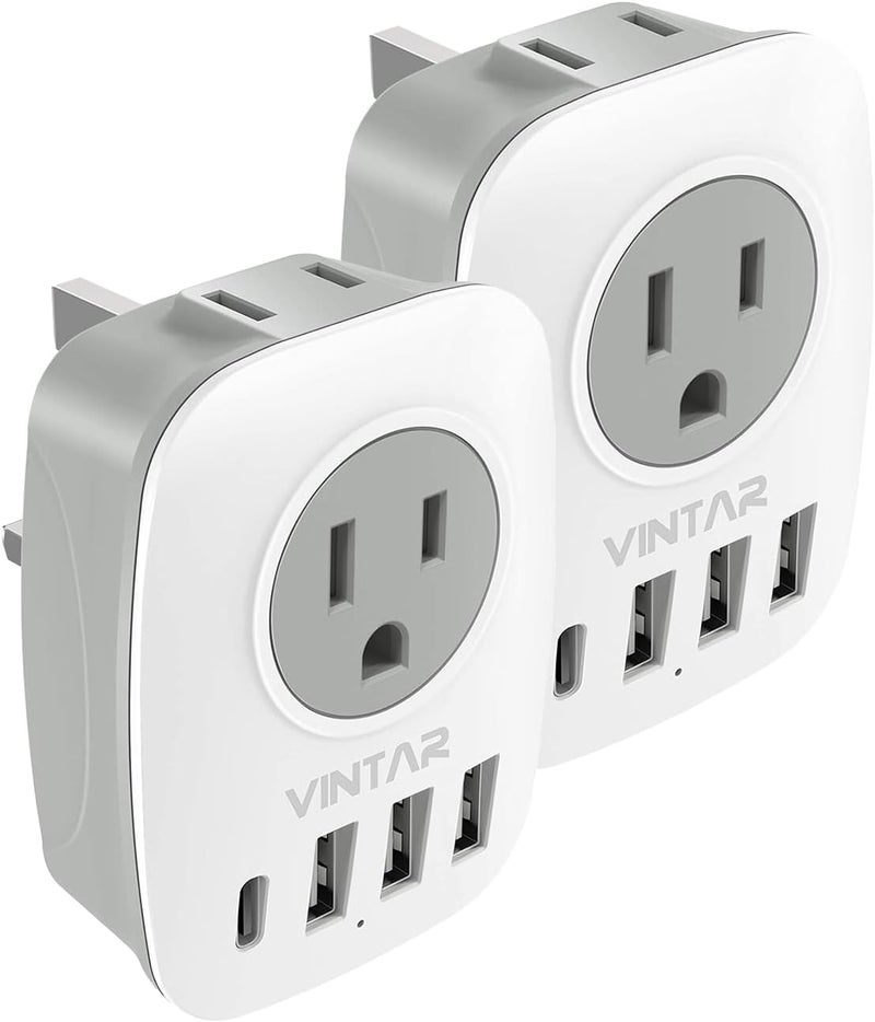 VINTAR US to UK Ireland Travel Plug Adapter 2 Pack, Type G Plug Adapter with 2 Outlets 4 USB Ports(1 USB-C), UK Power Adaptor for USA to England Scotland Dubai Hong Kong British Kenya London - Image 1