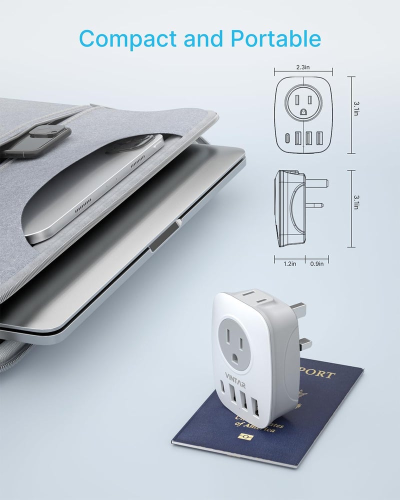 VINTAR US to UK Ireland Travel Plug Adapter 2 Pack, Type G Plug Adapter with 2 Outlets 4 USB Ports(1 USB-C), UK Power Adaptor for USA to England Scotland Dubai Hong Kong British Kenya London - Image 5